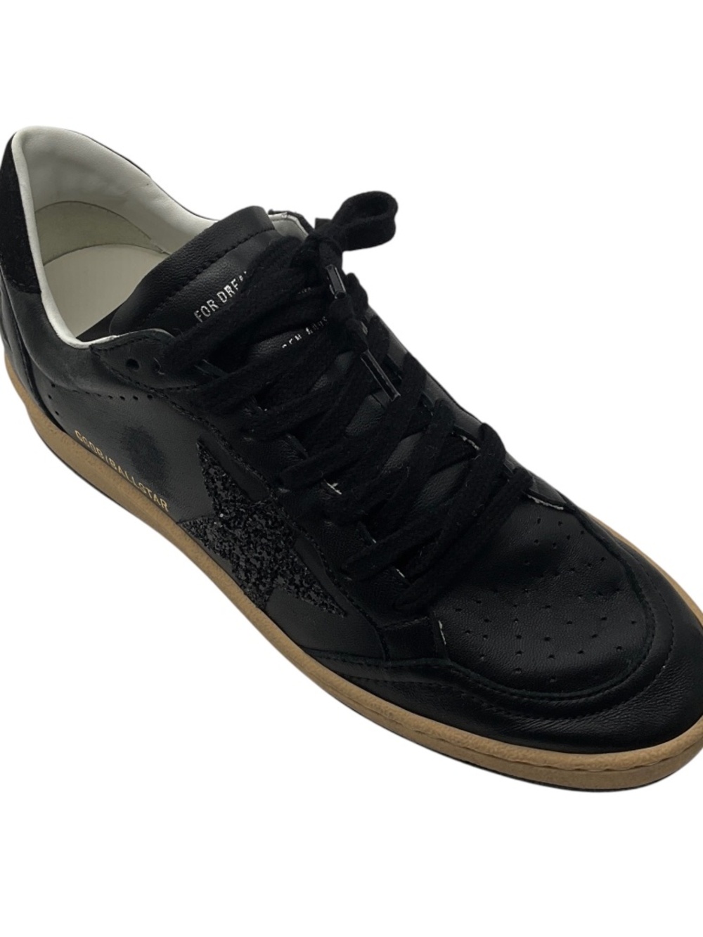 GOLDEN GOOSE DELUXE BRAND BLACK LEATHER AND GLITTER LOW TOP BALL STAR SNEAKERS